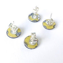 Load image into Gallery viewer, Stud earrings with drawings of microorganisms and bacteria made from silver, paper and resin by Dittany Rose