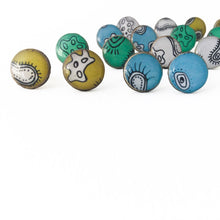 Load image into Gallery viewer, Stud earrings with drawings of microorganisms and bacteria made from silver, paper and resin by Dittany Rose