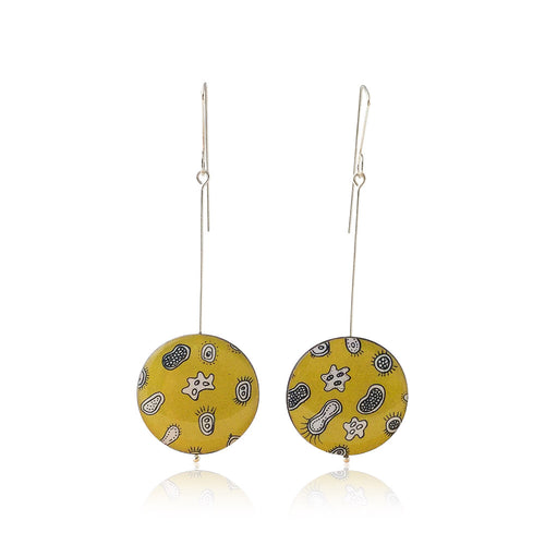 Drop earrings with drawings of microorganisms and bacteria made from silver, paper and resin by Dittany Rose